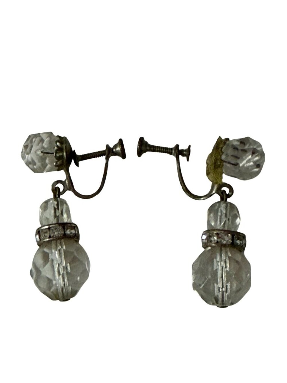 Vintage Faceted Glass Dangle Screwback Earrings Clear Rhinestone Silver Tone